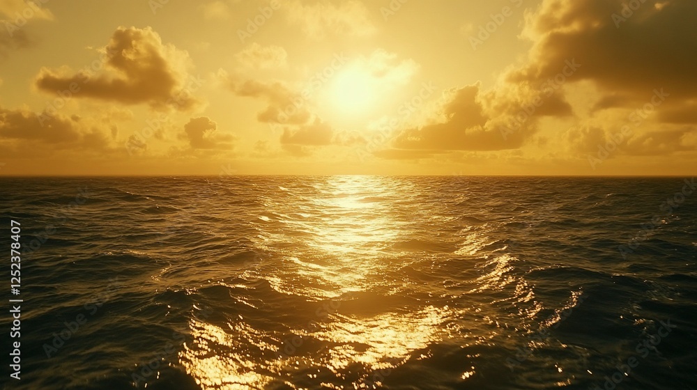 Obraz premium Golden sunset over ocean waves, calm sea, cloudscape