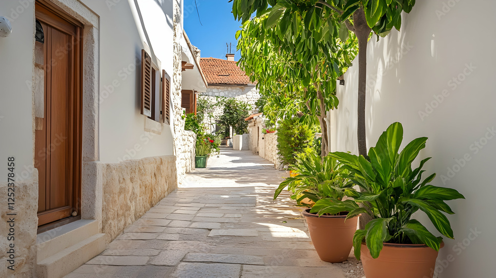 Fototapeta premium Sunny alleyway between white houses with greenery. Use for travel brochure, postcard