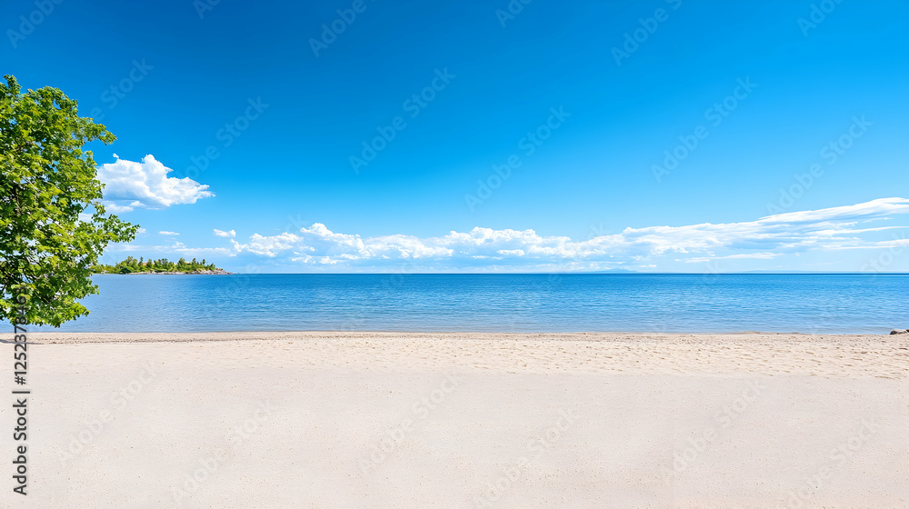 Sunny beach landscape with a tree, ideal for relaxation and vacation brochures Sunny beach landscape with a tree, ideal for relaxation and vacation brochures