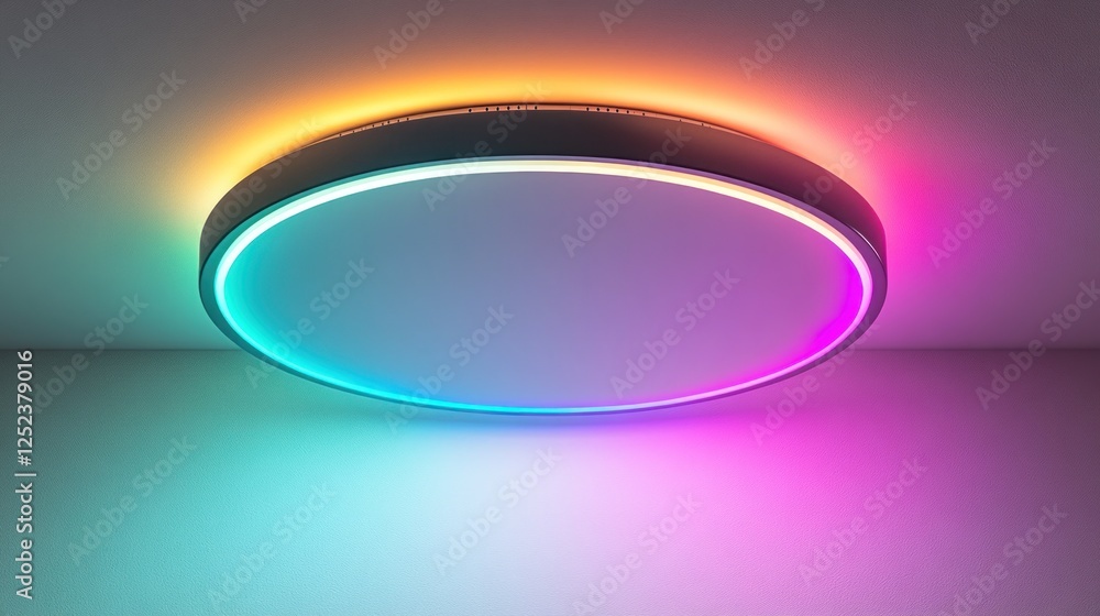 Obraz premium Colorful LED ceiling light, modern room, vibrant glow, background wall, interior design