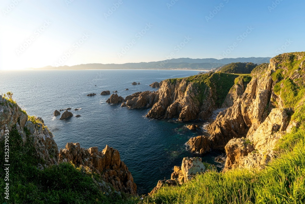 Coastal rocks meet ocean, a vibrant landscape for nature themes & peaceful journeys Coastal rocks meet ocean, a vibrant landscape for nature themes & peaceful journeys