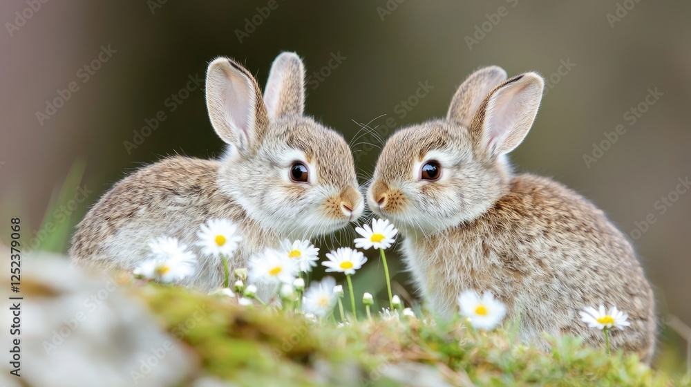 Fototapeta premium Two baby rabbits nose-to-nose amongst daisies