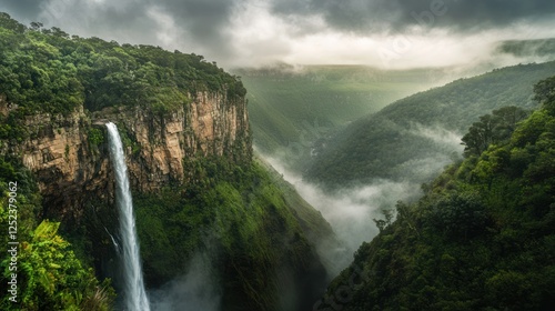 Wallpaper Mural Waterfall cascading down canyon, misty rainforest, travel poster Torontodigital.ca