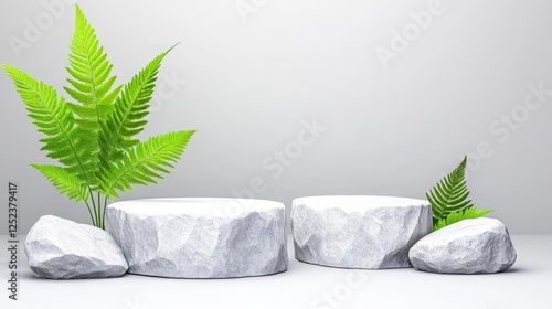 Balanced White Stones and Ferns on White. Generative AI photo