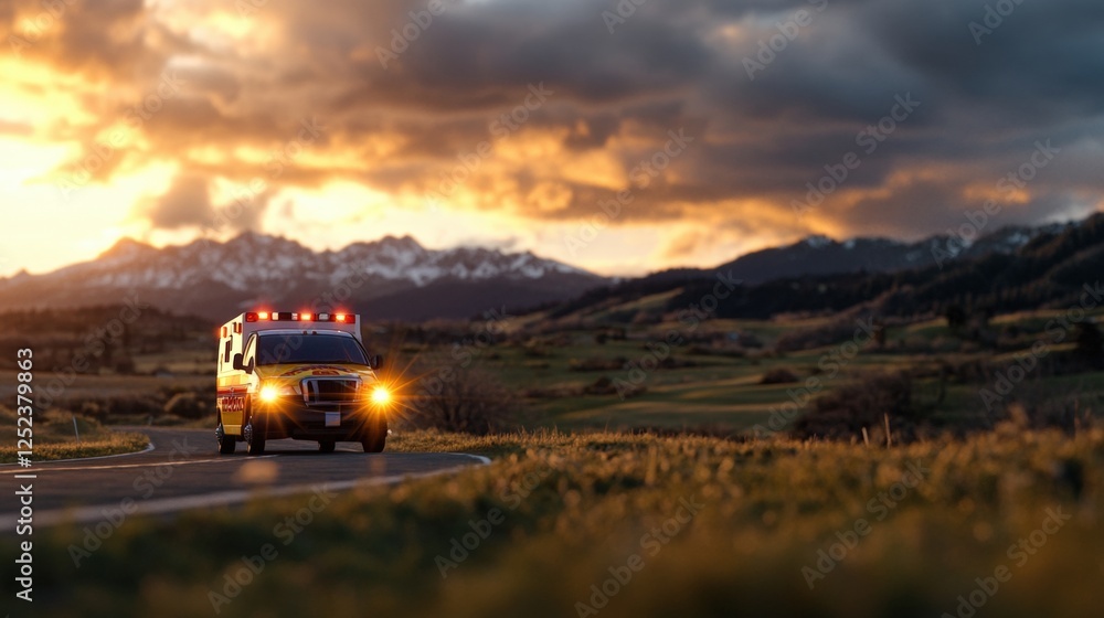 Fototapeta premium Fire truck and ambulance driving on a rural road with mountains in the background during emergency response