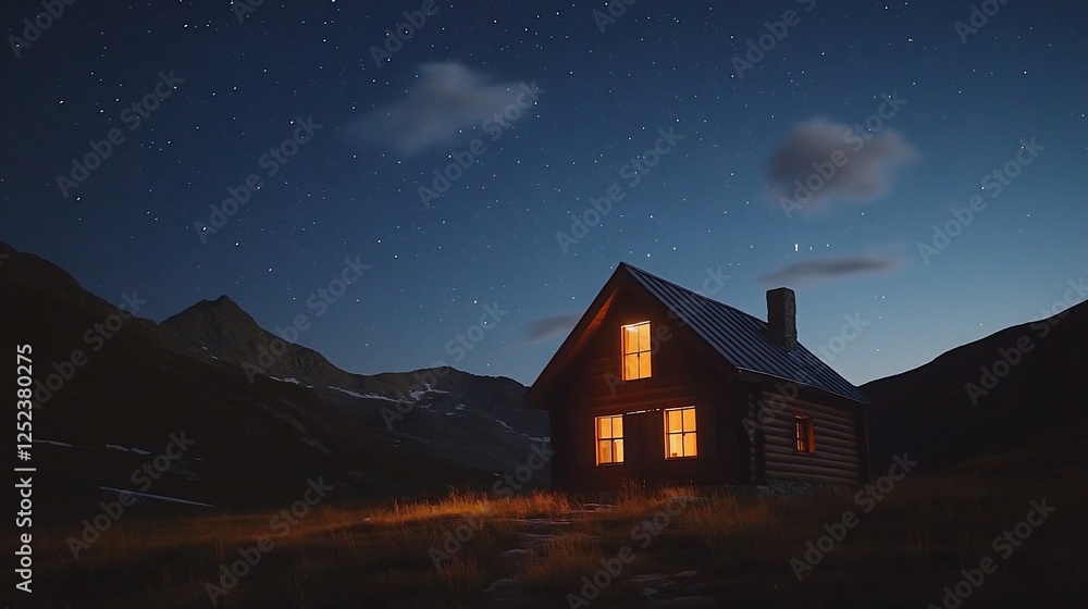 Illuminated cabin, mountain night, starry sky, peaceful scene Illuminated cabin, mountain night, starry sky, peaceful scene