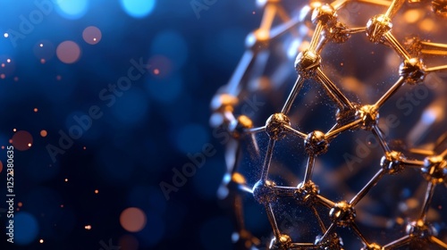 Close-up molecular structure with glowing particles isolated on dark background. Generative AI