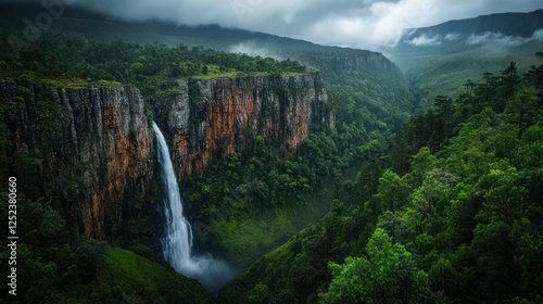 Wallpaper Mural Majestic waterfall plunges into lush valley, dramatic clouds Torontodigital.ca