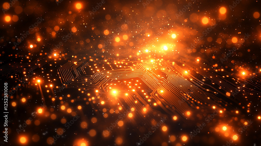 An abstract orange circuit board pattern with glowing lines symbolizes innovation, digital advancement, and the intersection of technology and design. The blurred background conveys a modern, high-tec An abstract orange circuit board pattern with glowing lines symbolizes innovation, digital advancement, and the intersection of technology and design. The blurred background conveys a modern, high-tec