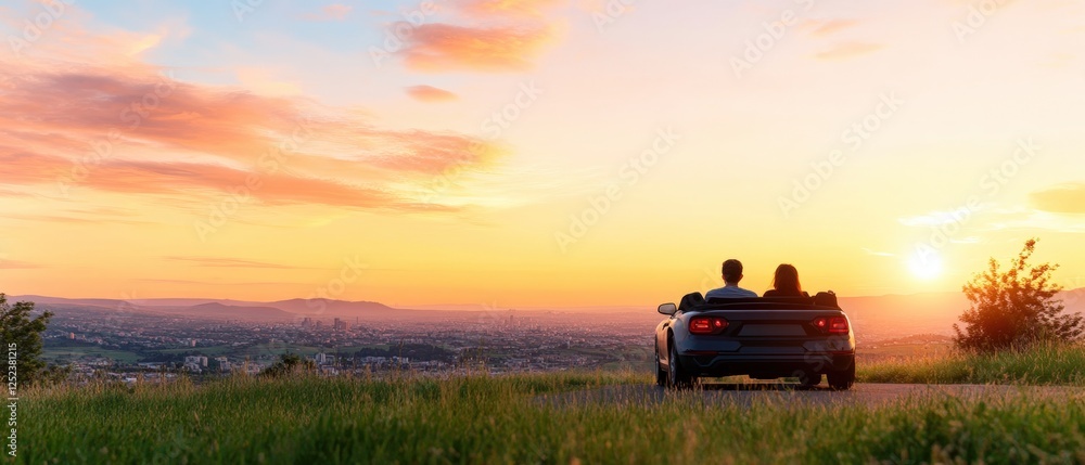 Fototapeta premium Person sitting in back of truck enjoying summer road journey with scenic views and clear skies
