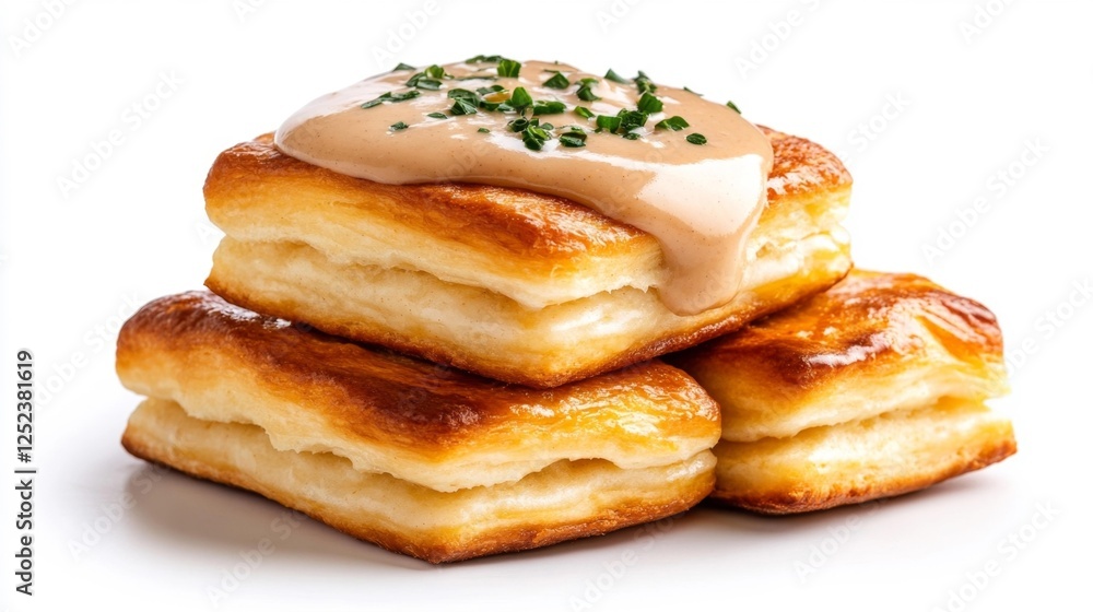 Flaky puff pastry biscuits topped with creamy sauce and herbs on a white isolated background. Generative AI Flaky puff pastry biscuits topped with creamy sauce and herbs on a white isolated background. Generative AI