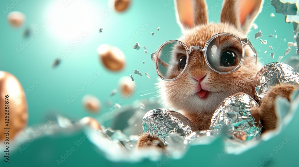 Adorable Bunny with Easter Eggs and Glasses. Generative AI Adorable Bunny with Easter Eggs and Glasses. Generative AI