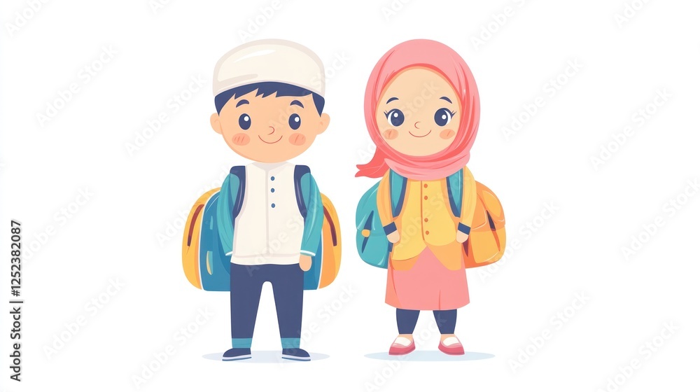 Muslim children school backpacks happy Muslim children school backpacks happy