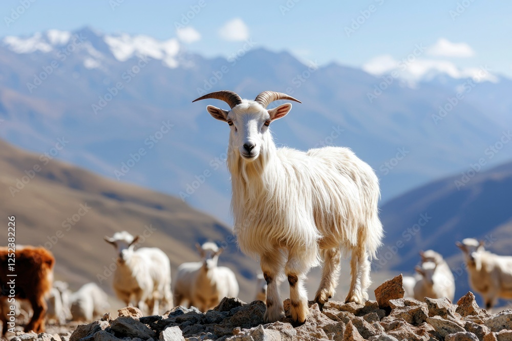 Mountain Goat Herd Grazing Freely on Rocky Terrain with Snowy Mountains in Background Mountain Goat Herd Grazing Freely on Rocky Terrain with Snowy Mountains in Background