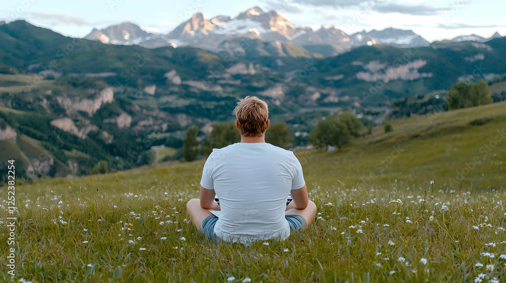 Obraz premium Man meditating, mountain view, peaceful meadow, summer
