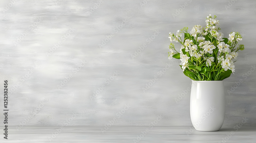 Fototapeta premium White flowers vase grey wall background