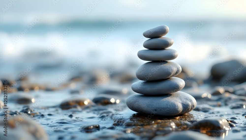 zen, stones, tall, stack, smooth, rugged, textures, wet, rocky, surface, ocean, sea, spray, waves, dynamic, background, glistening, sunlight, gentle, photorealistic, quality, serene, tranquil, harmony