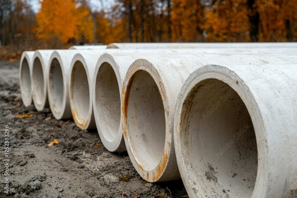 Concrete pipes stored on ground with autumn trees for infrastructure project Concrete pipes stored on ground with autumn trees for infrastructure project