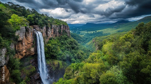 Majestic waterfall cascading down cliff, lush valley background, dramatic sky