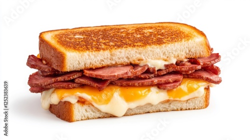Grilled cheese sandwich with melted cheese and slices of roast beef isolated on white background. Generative AI