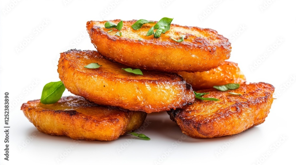 Crispy Golden Fried Potatoes Stacked with Fresh Basil on a White Background. Generative AI Crispy Golden Fried Potatoes Stacked with Fresh Basil on a White Background. Generative AI