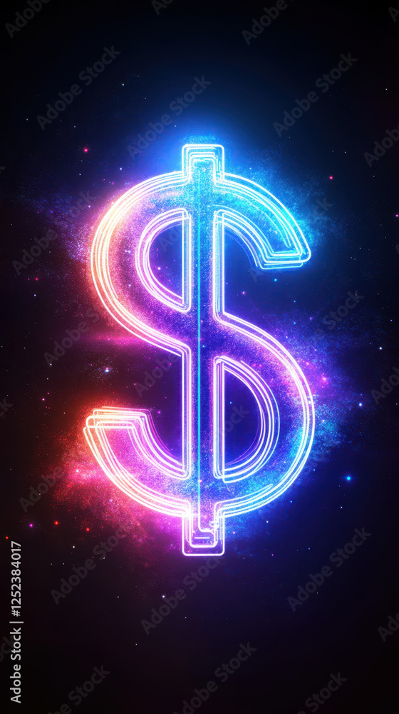 Neon dollar sign glowing in space with vibrant colors and cosmic background Neon dollar sign glowing in space with vibrant colors and cosmic background