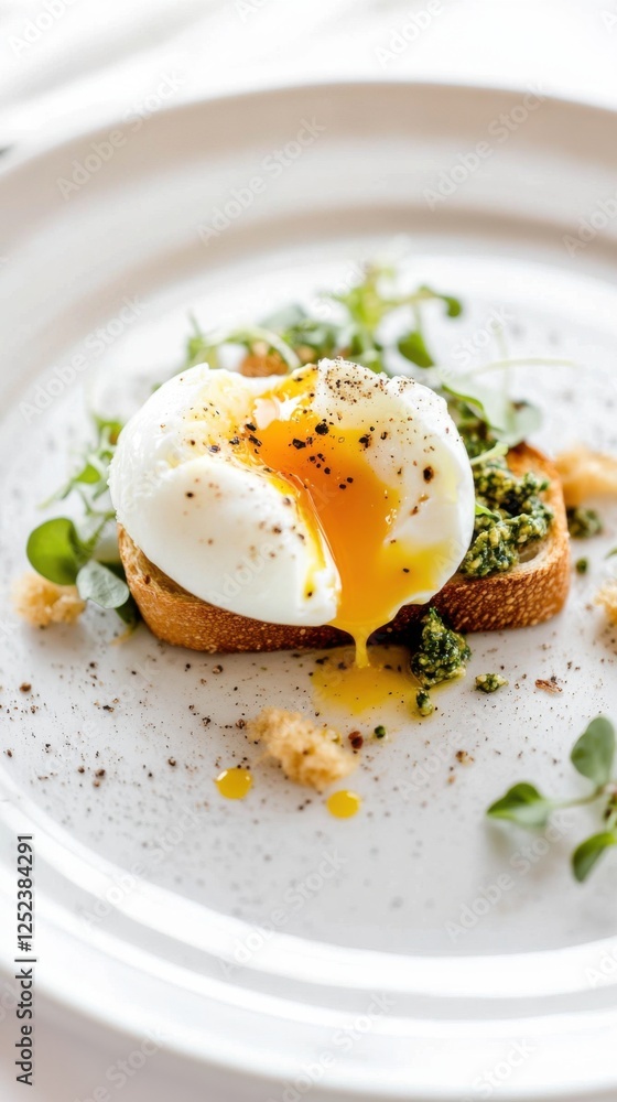 Toast topped with a soft-boiled egg and microgreens drizzled with pesto Toast topped with a soft-boiled egg and microgreens drizzled with pesto