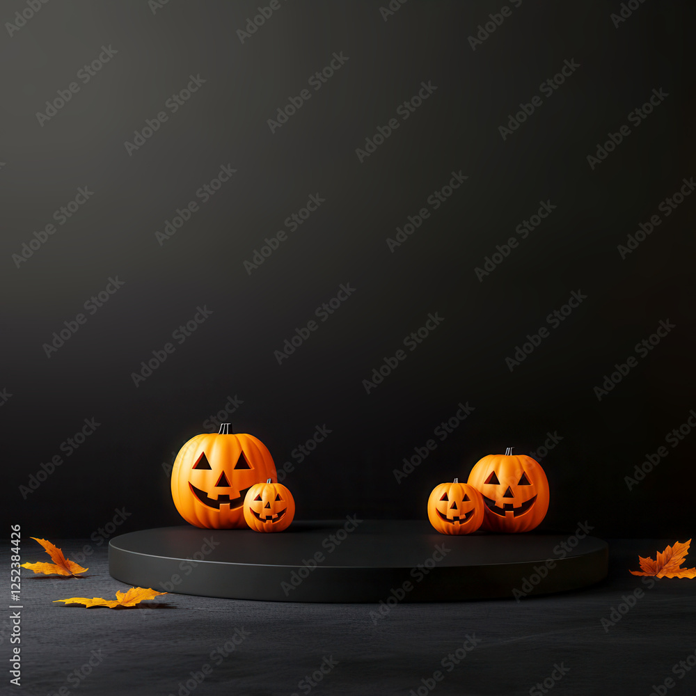 Floating podium with flying bats and jack-o'-lanterns beneath, dark and mysterious Halloween-themed mockup Floating podium with flying bats and jack-o'-lanterns beneath, dark and mysterious Halloween-themed mockup