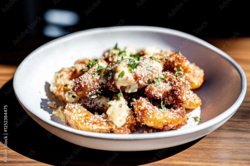 Baked onion rings with Parmesan and fresh herbs in a spacious setting Baked onion rings with Parmesan and fresh herbs in a spacious setting