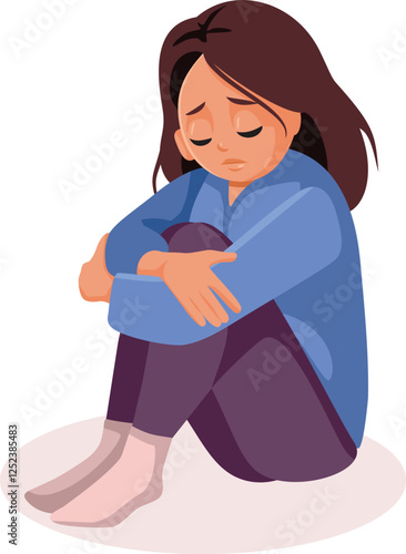 Isolated Sad Girl Being Introverted and Shy Vector. Sad preteen being anxious and depressed 

