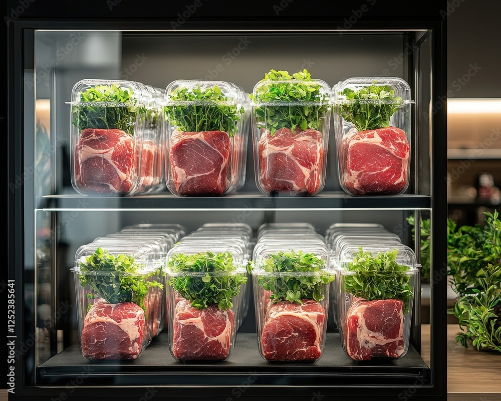 Fresh Meat and Greens in Modern Refrigerated Display Fresh Meat and Greens in Modern Refrigerated Display