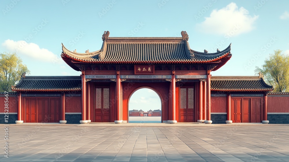 Naklejka premium Chinese gate, courtyard, entrance, vista, tranquil