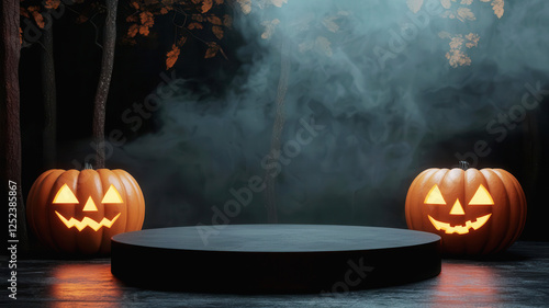 Haunted forest-themed podium surrounded by eerie fog and glowing pumpkins, dark and spooky Halloween product showcase photo