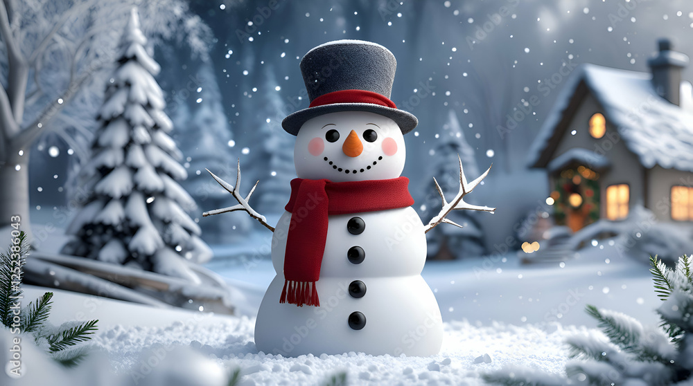 Fototapeta premium Merry Christmas & Happy New Year Greeting Card – Snowman in Snowy Winter Fairytale Landscape with Copy Space