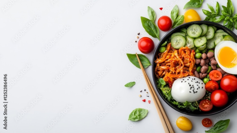 Healthy bowl of vegetables and boiled egg on white isolated background. Generative AI Healthy bowl of vegetables and boiled egg on white isolated background. Generative AI
