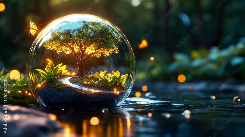 Magical Terrarium with Tree and Butterfly in a Glass Sphere. Generative AI Magical Terrarium with Tree and Butterfly in a Glass Sphere. Generative AI