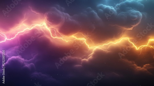 Dramatic Lightning and Dark Clouds with Orange Glow in the Sky. Generative AI photo