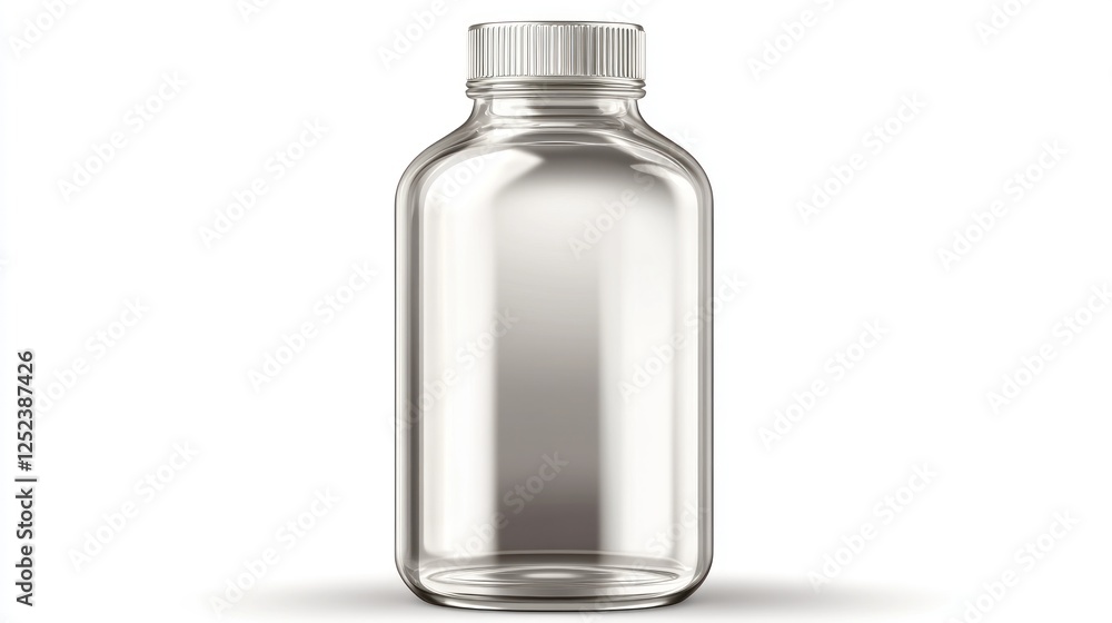 Empty glass bottle with white cap on white background; packaging mockup Empty glass bottle with white cap on white background; packaging mockup