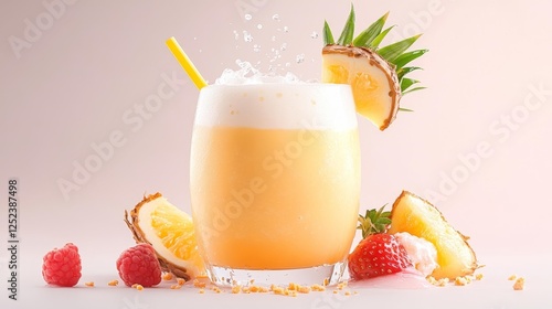 Refreshing Pineapple and Raspberry Smoothie with Sprinkles of Fruit on a Soft Pink Background. Generative AI