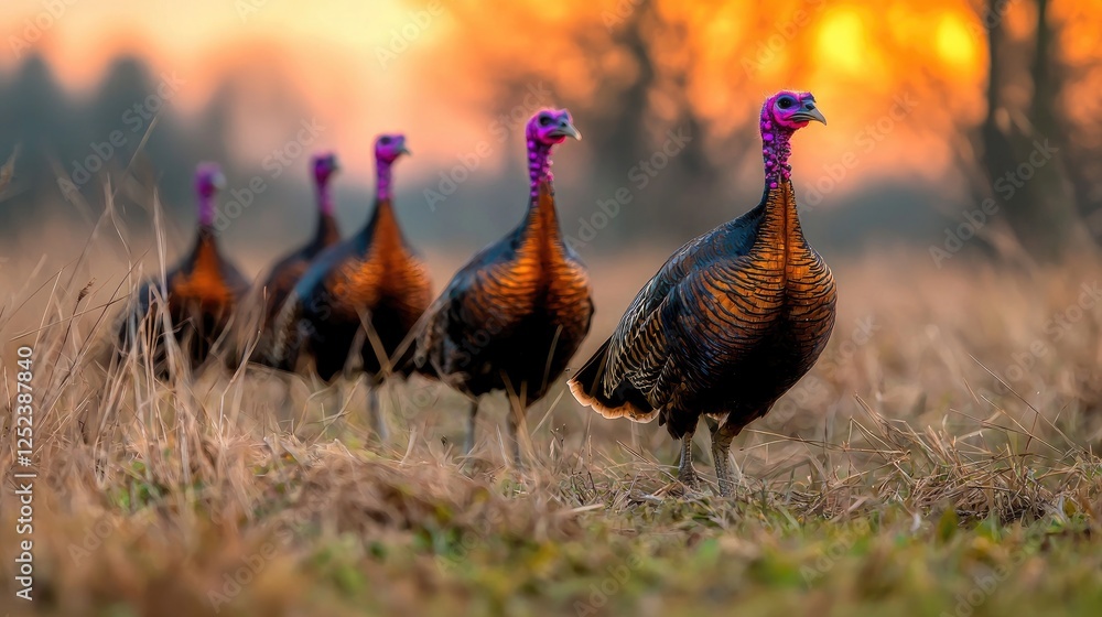 Fototapeta premium Wild Turkeys Sunset Stroll Field Agriculture
