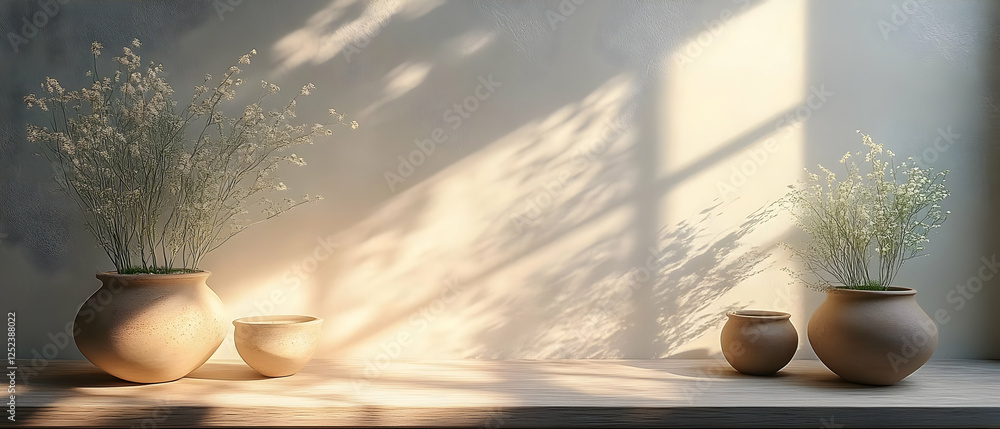 Sunlit plants in pots on shelf