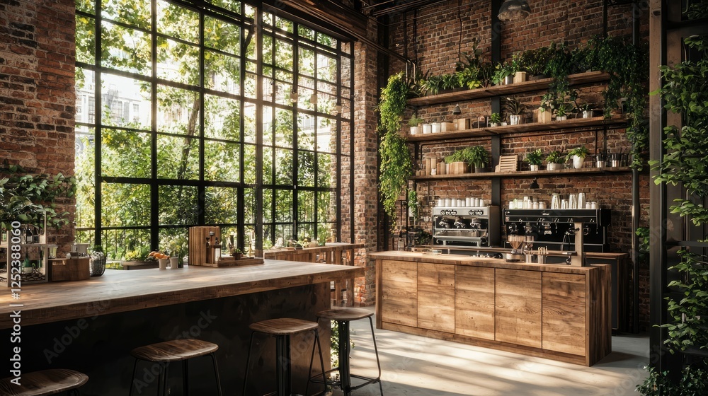 Warm Rustic Kitchen Space with Natural Light and Lush Greenery Warm Rustic Kitchen Space with Natural Light and Lush Greenery