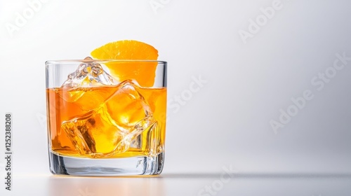 Whiskey Cocktail with Orange Slice and Ice Cubes in a Glass. Generative AI photo