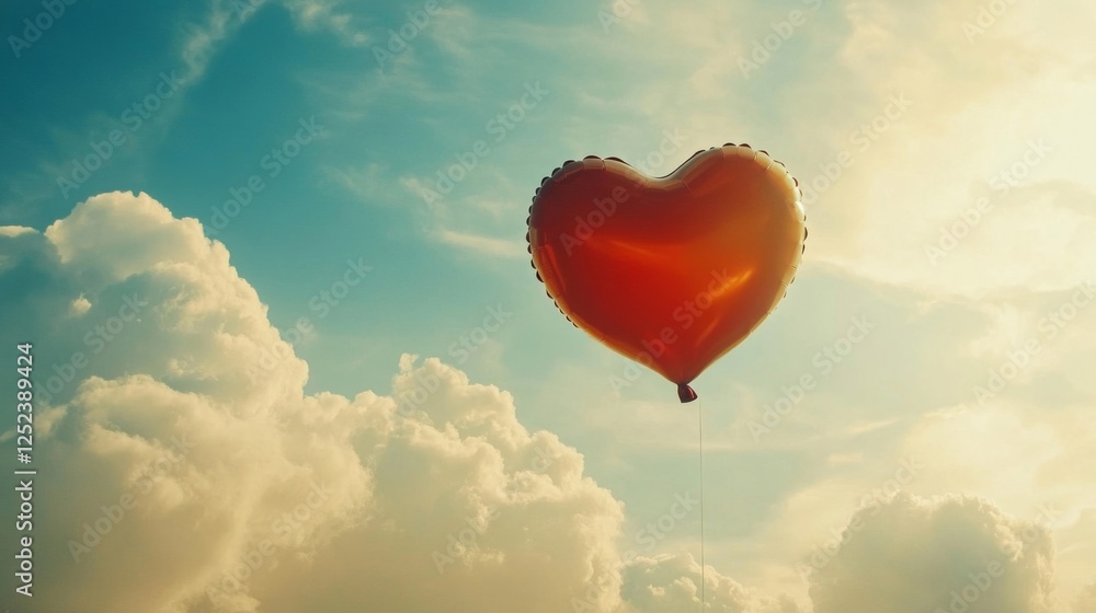 Fototapeta premium Red Heart Shaped Balloon Against Cloudy Sky with Sunlight Romantic Atmosphere