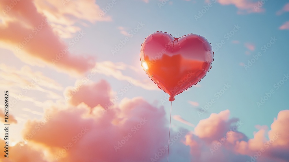 Fototapeta premium Heart Shaped Balloon Floating in a Sky at Sunset with Pink Clouds Symbolizing Love and Celebration