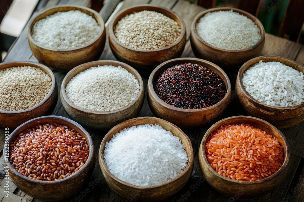 Different rice varieties in wooden bowls displayed on rustic table for food stock Different rice varieties in wooden bowls displayed on rustic table for food stock