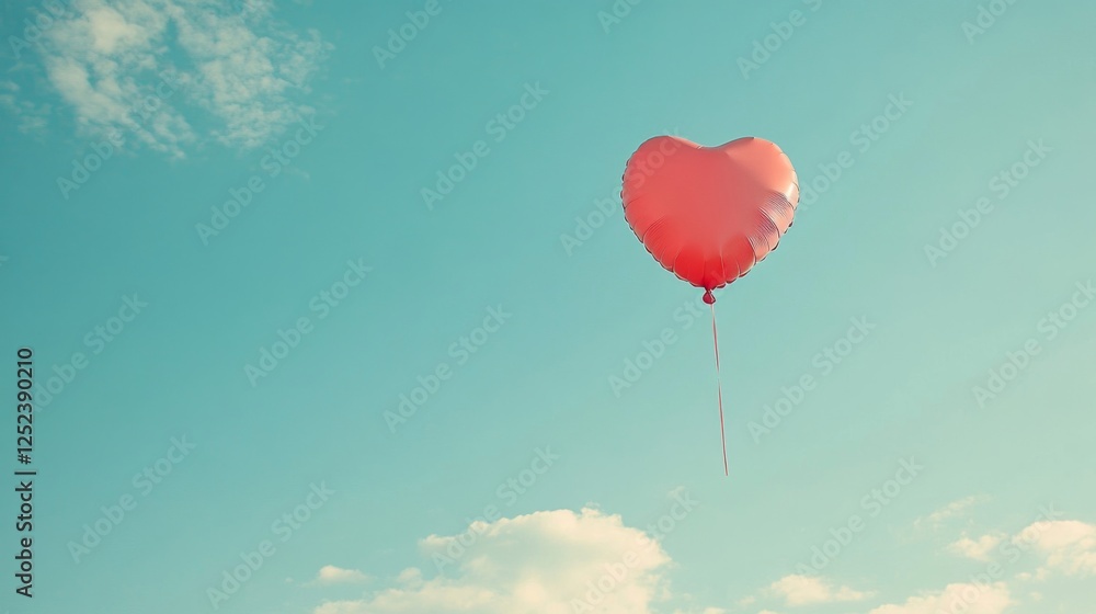 Obraz premium Heart Shaped Red Balloon Floating Gracefully in a Serene Blue Sky with White Clouds