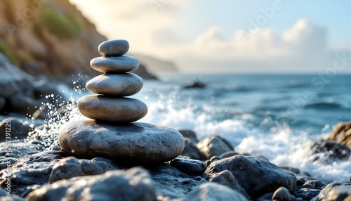 zen, stones, tall, stack, rugged, varied, textures, rocky, cliff, ocean, waves, crashing, sea, spray, misting, sunlight, goldenhour, clouds, background, ultra, highresolution, serene, tranquil, photo