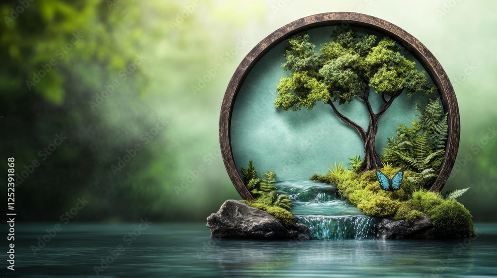 Fototapeta premium Lush Green Forest Waterfall with Vibrant Butterfly and Fresh Flora. Generative AI