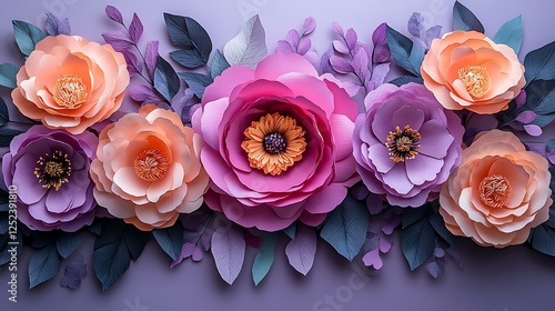Fototapeta Naklejka Na Ścianę i Meble -  Large pink paper peonies surrounded by delicate leaves arranged beautifully on a pastel purple background